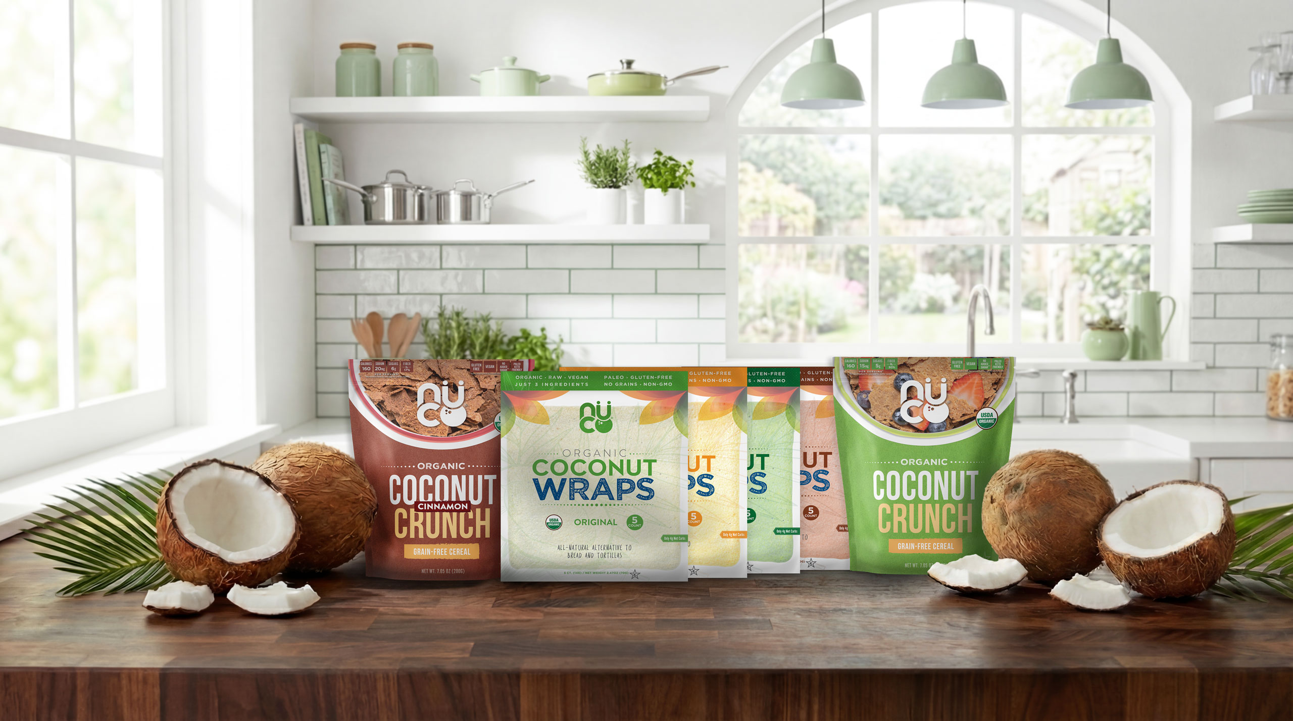 NUCO Organic Coconut Wraps family, front of pack, in a bright kitchen
