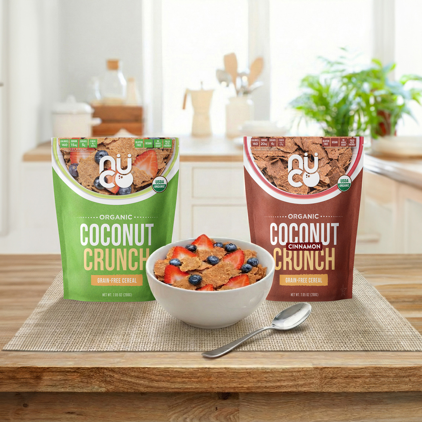 Coconut Crunch pouches and a bowl on a wooden kitchen counter